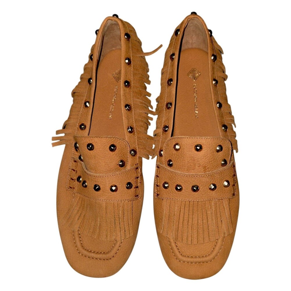Antonio Melani Brown Leather Fringe Studded Loafer Flats Slip-On 8.5 New Style